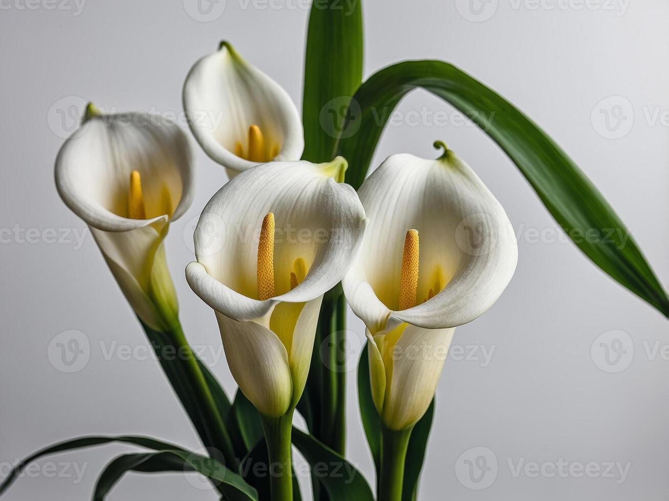 A close up portrait of elegant white calla lilies with vibrant green leaves against a neutral background photo