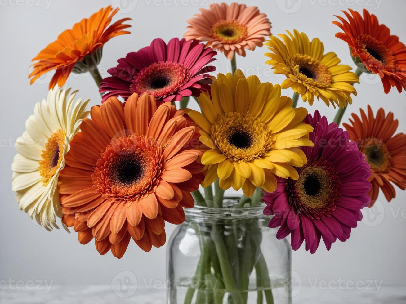 A vibrant assortment of gerbera daisies in full bloom arranged elegantly in a clear glass vase photo
