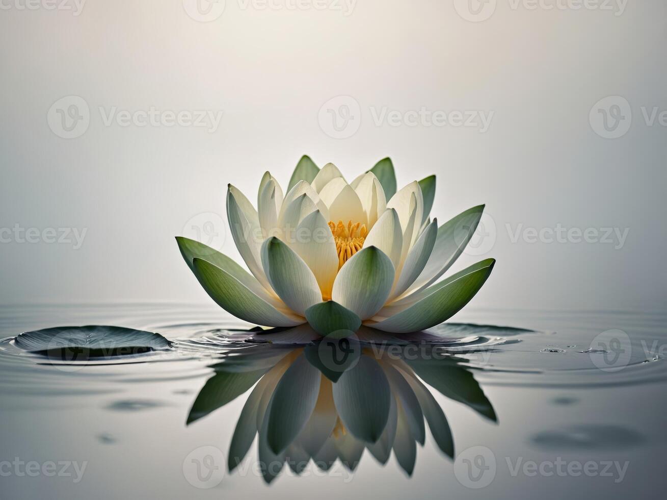 A serene white lotus bloom gracefully floats on still water its reflection softly merging with ripples photo