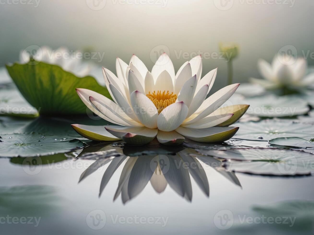 A serene lotus flower elegantly floats on a calm water surface reflecting its delicate beauty in the stillness photo