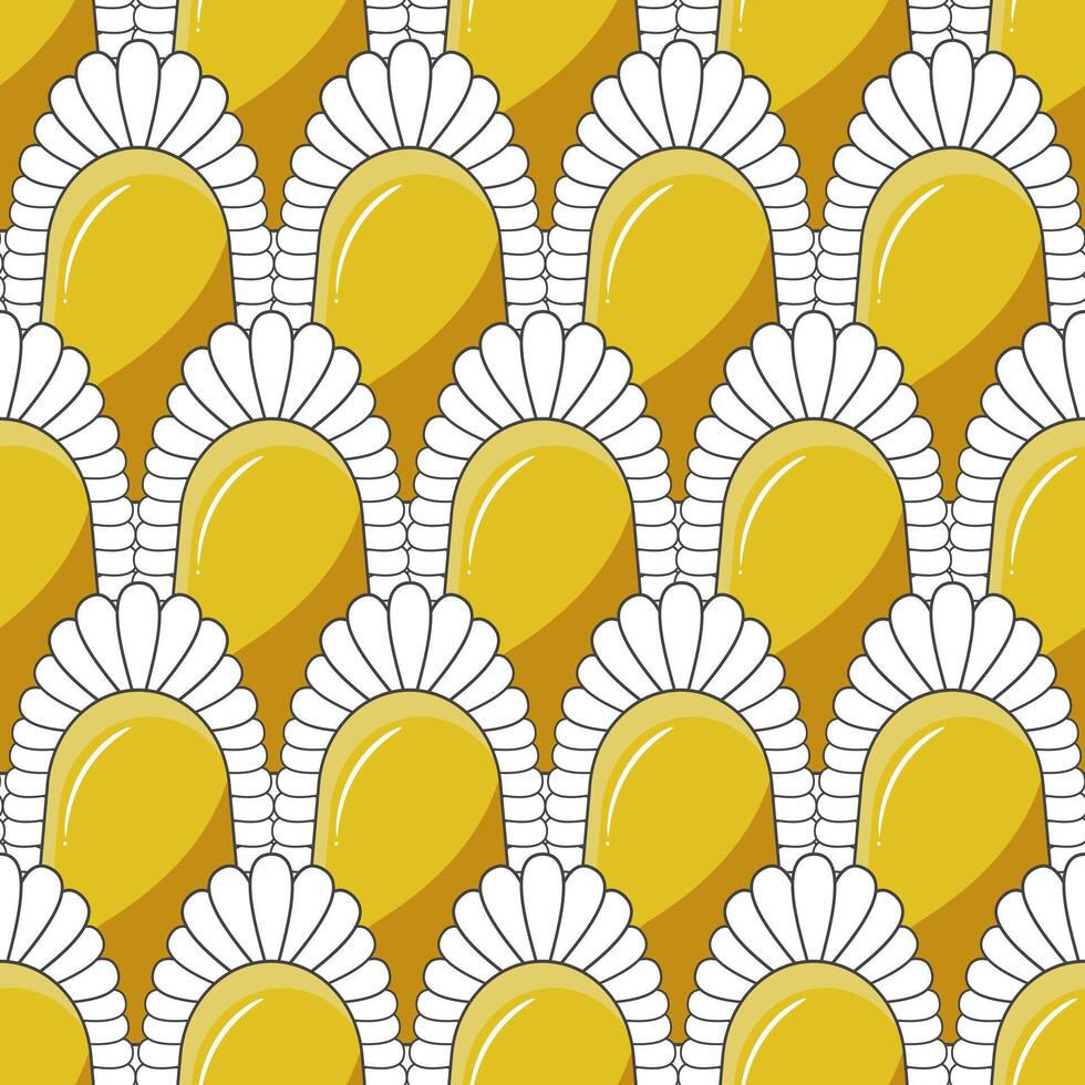 Yellow circles with white petals look like fantasy flowers, forming a seamless geometric pattern. vector
