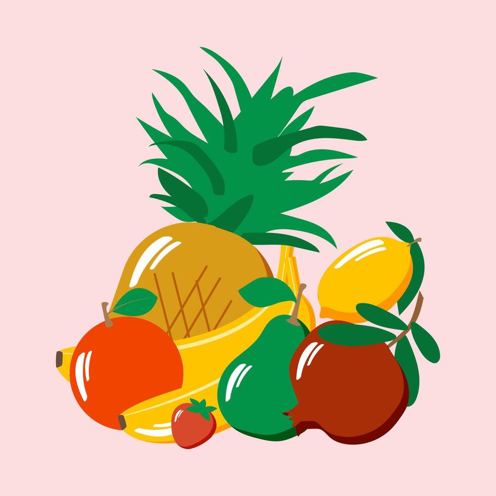 Set of tropical fruits isolated on a light pink background. Farm garden, organic fruits. vector