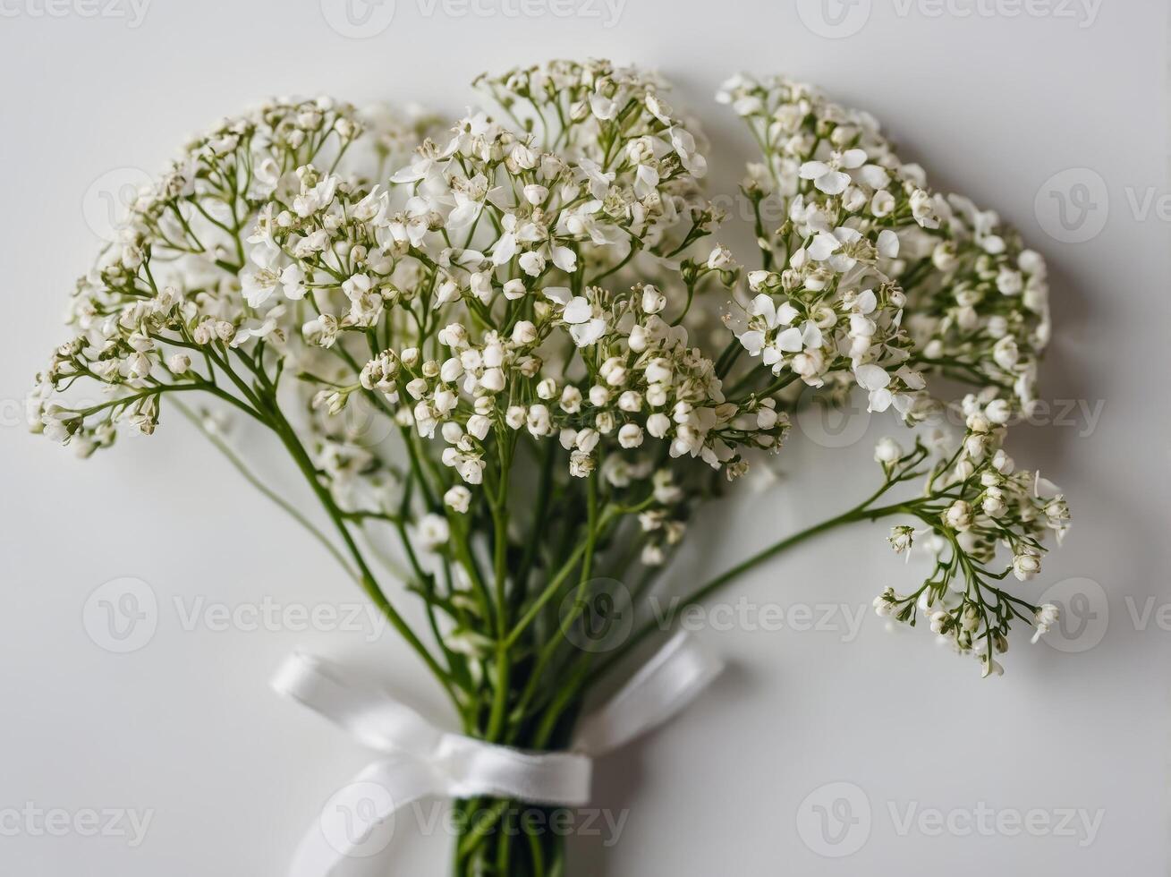 A bouquet of delicate white baby s breath flowers elegantly tied with a white satin ribbon against a pristine backdrop photo