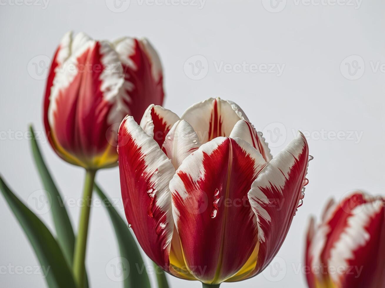 Close up of red and white tulips adorned with morning dew drops against a neutral background photo