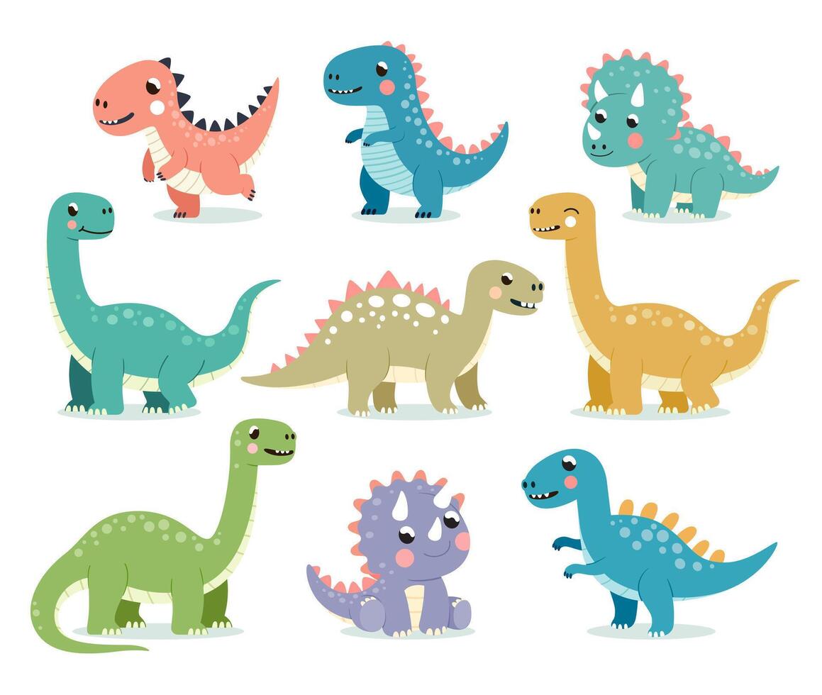 Cute dinosaurs set flat cartoon illustration. vector