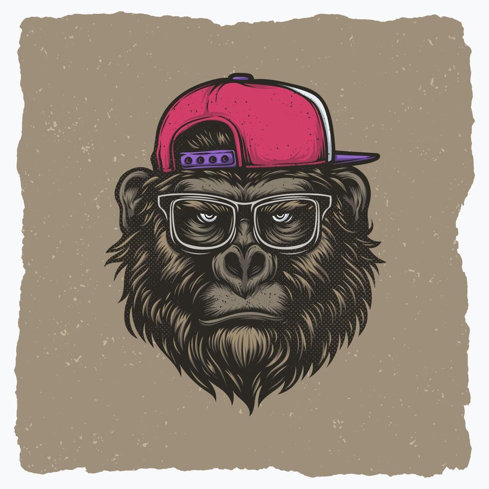Gorilla Illustration Wearing Hat and Glasses with Flat Expression vector