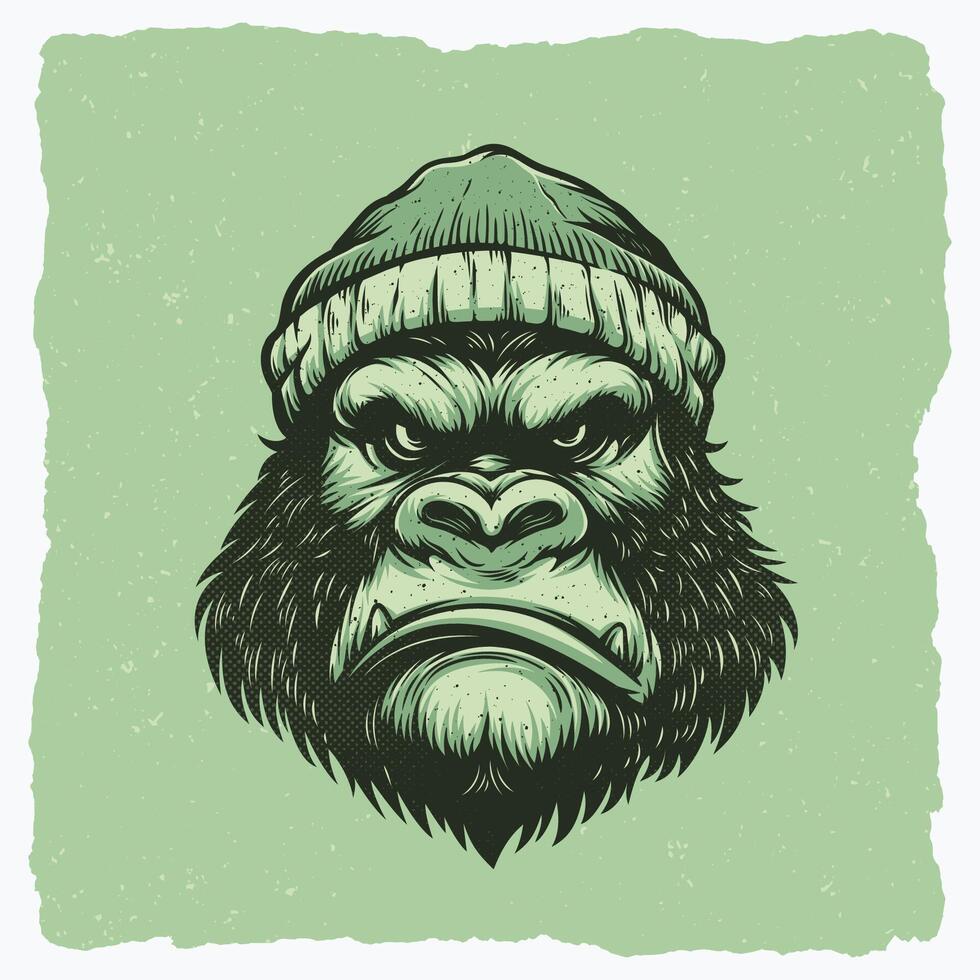 Gorilla Illustration Wearing a Beanie with a Flat Expression vector