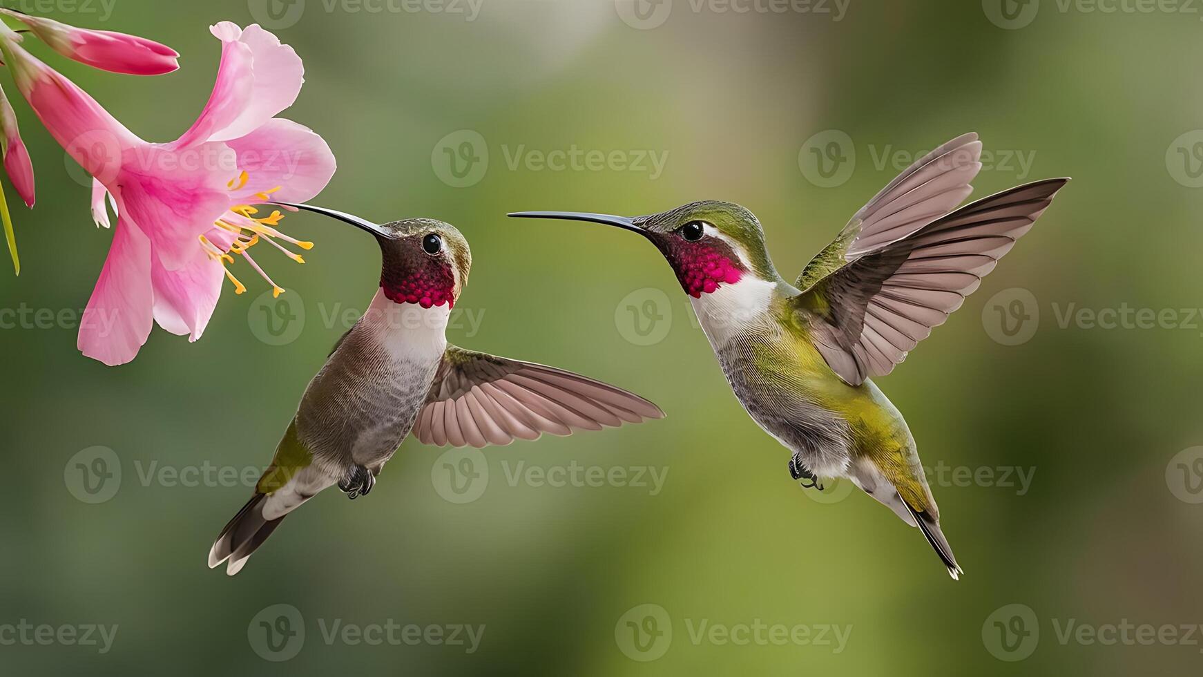 Hummingbird in flight under the rain feeding from flowers photo