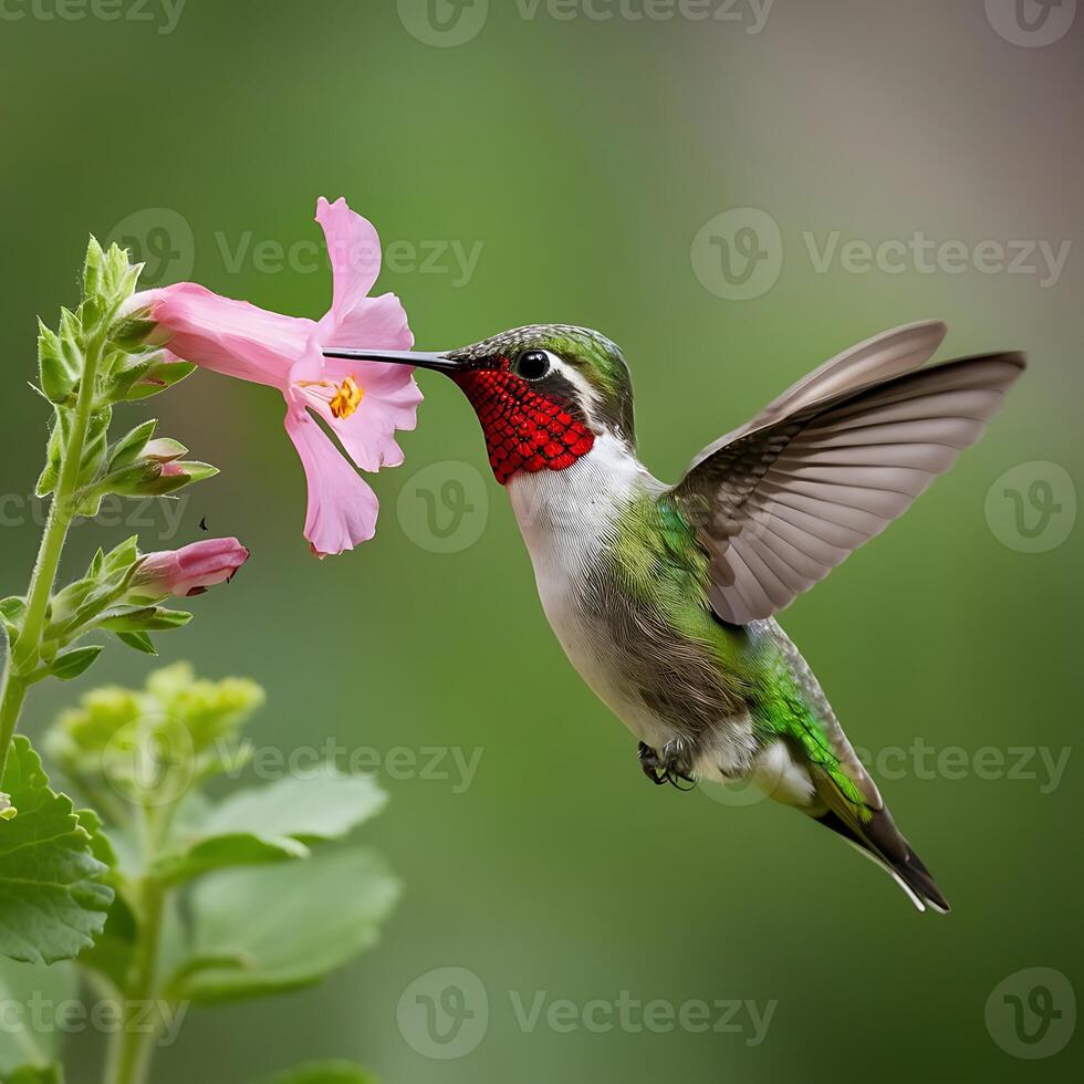 Ruby-throated Hummingbird feeding on flowers photo