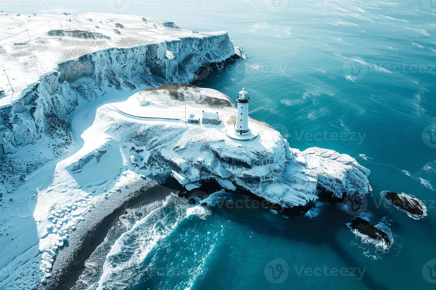 An aerial view captures a winter lighthouse towering over a rocky coastline, its presence a steadfast sentinel amidst a snow-dusted landscape. photo