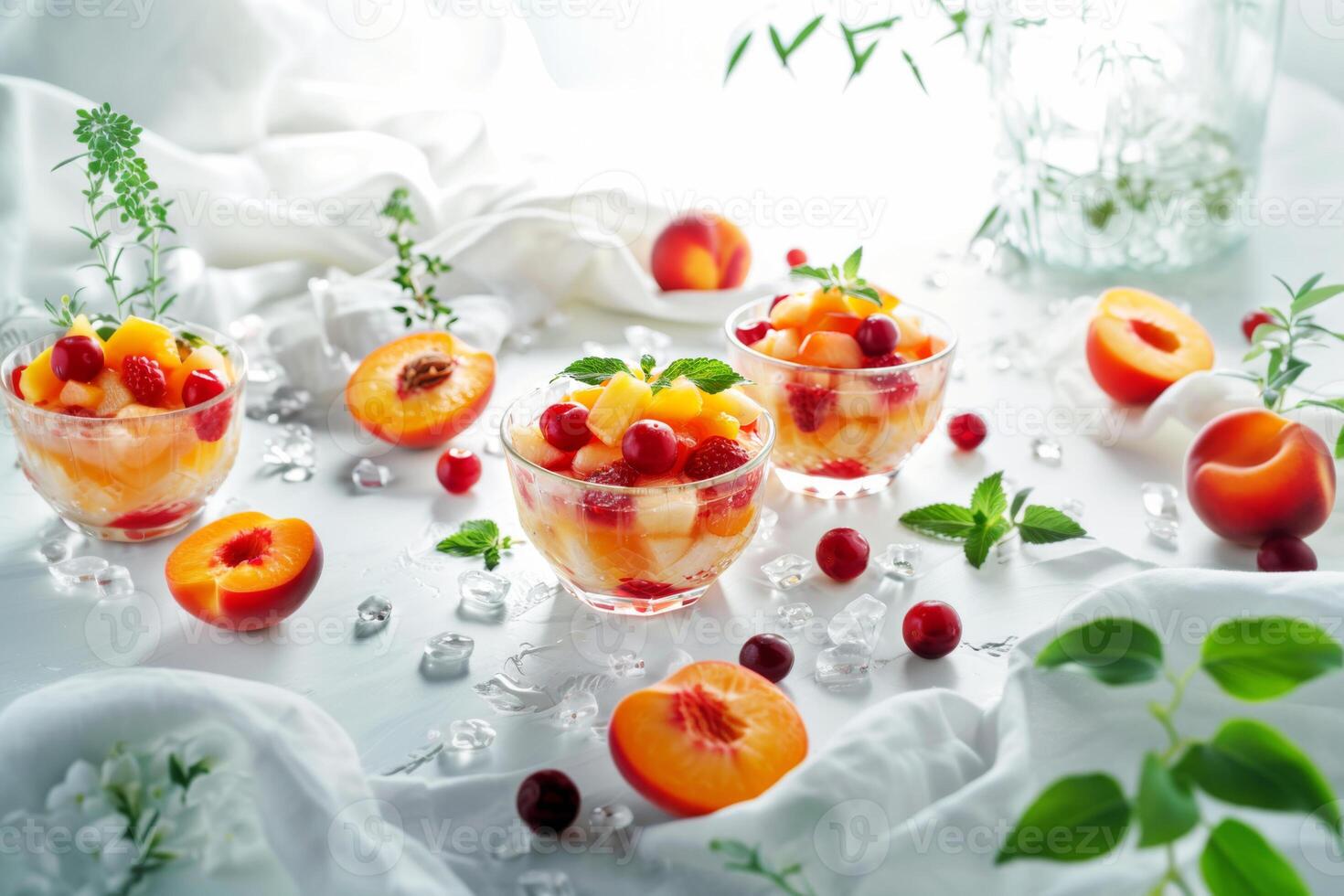 Peach dessert, featuring a peach half garnished with mint, showcasing natural sweetness and simplicity. photo