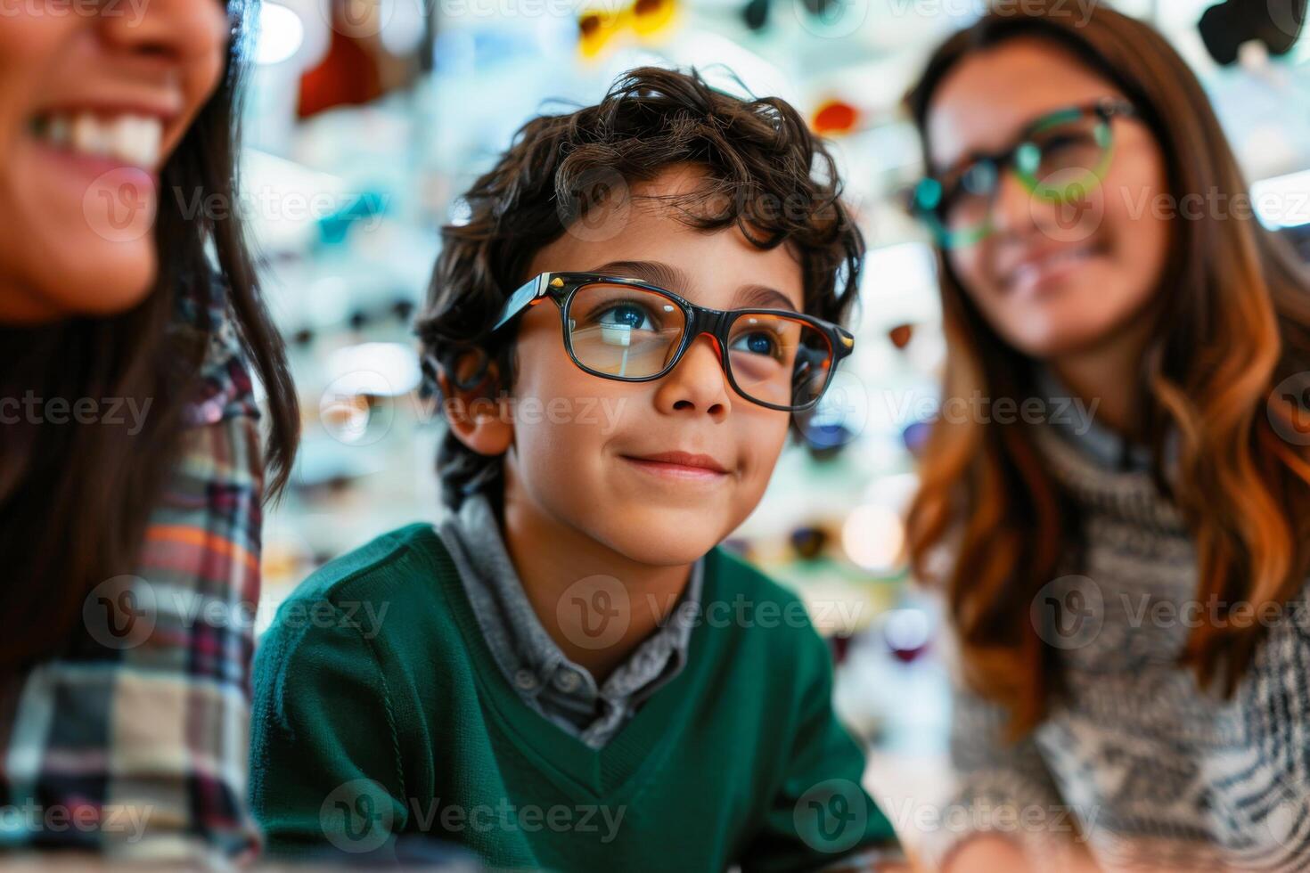 Boy sitting excitedly at an eyeglasses shop, trying on a pair of frames, with his mom and and the optician watching and smiling encouragingly photo