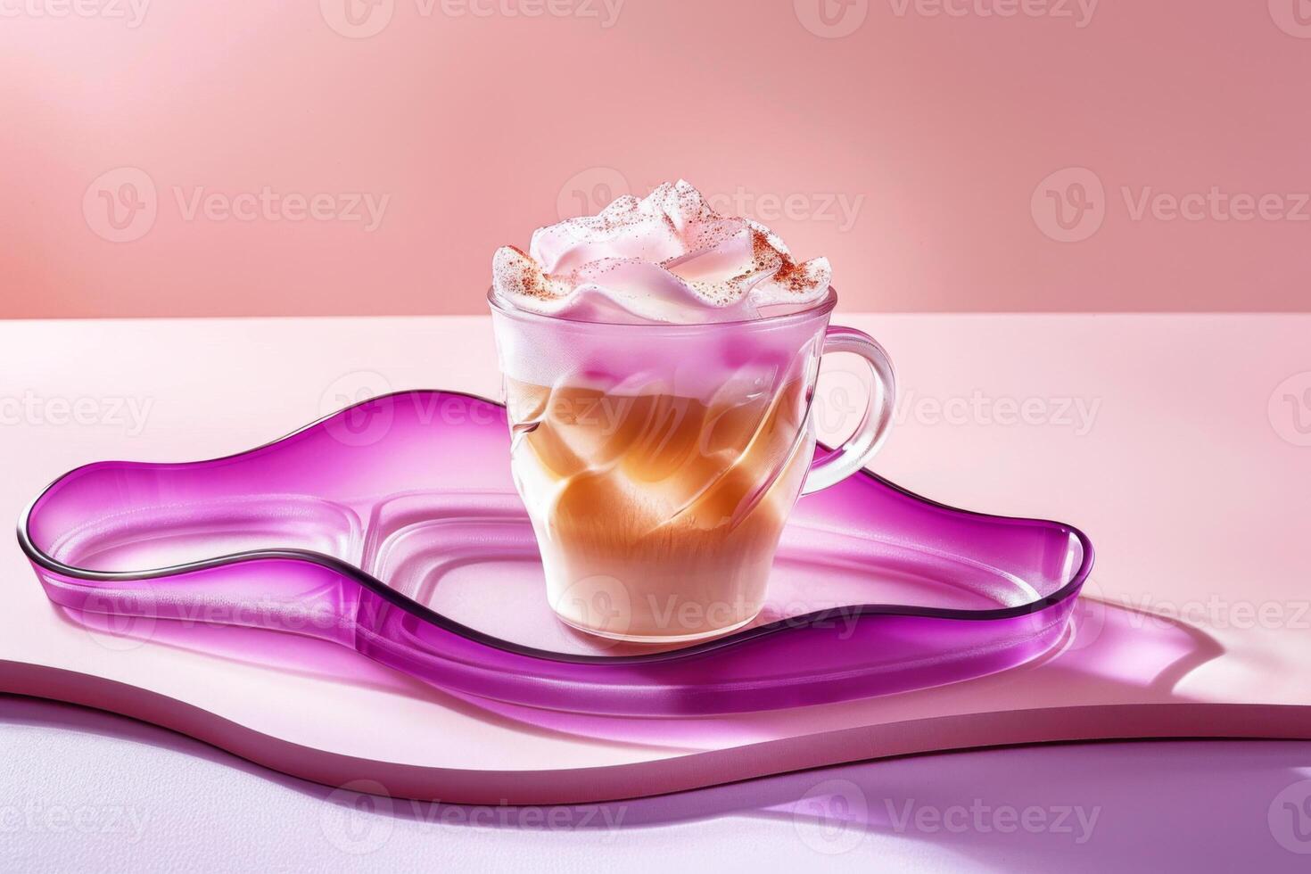 Artfully presented latte with frothy milk in a clear glass cup, set against a reflective purple surface and soft pink gradient. photo