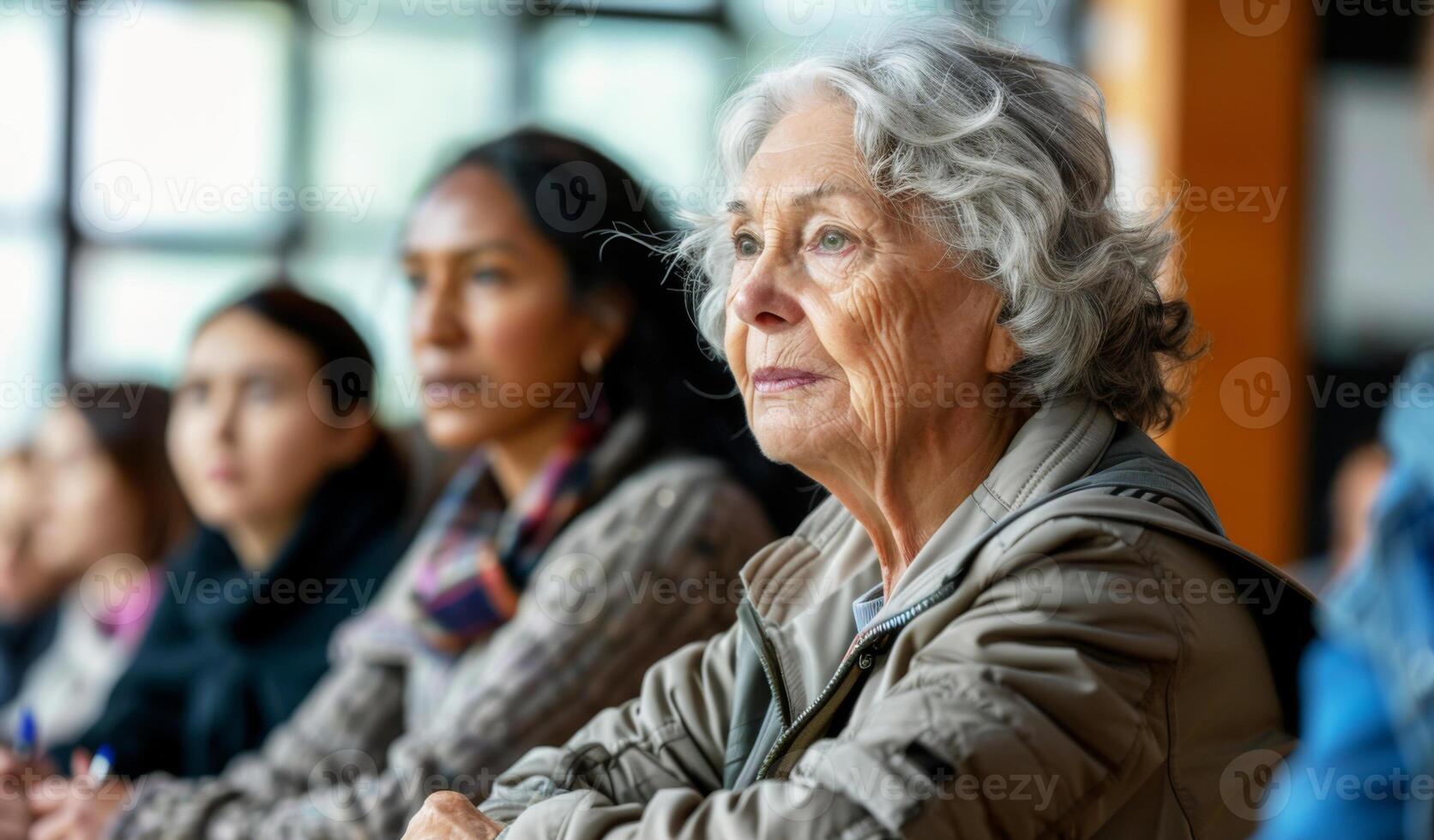 Elderly woman learning in a language class setting, embodying the spirit of lifelong learning and educational curiosity. Immigrants socialization photo