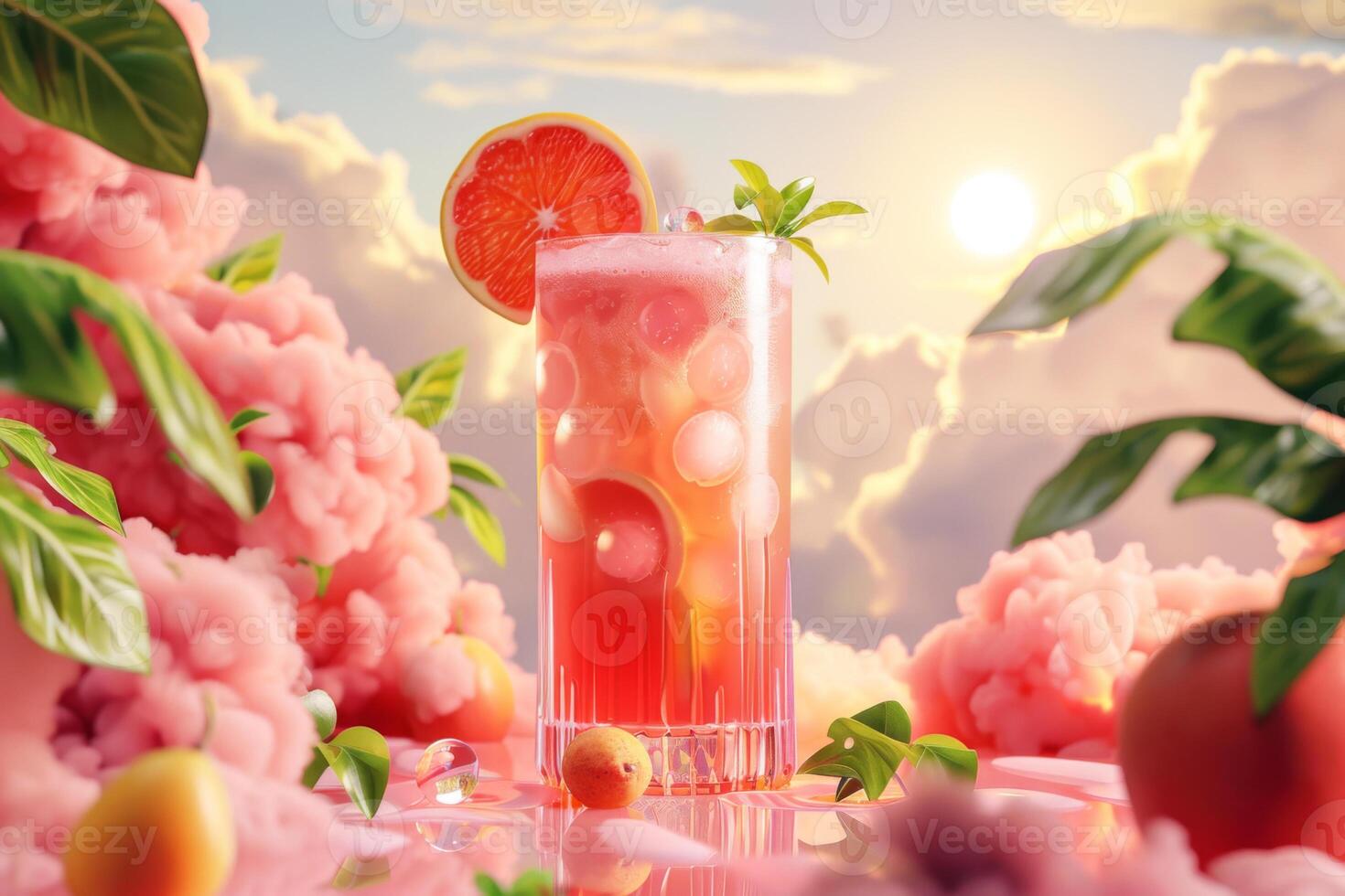 Refreshing guava beverage in a glass with floral and cloudy decoration photo
