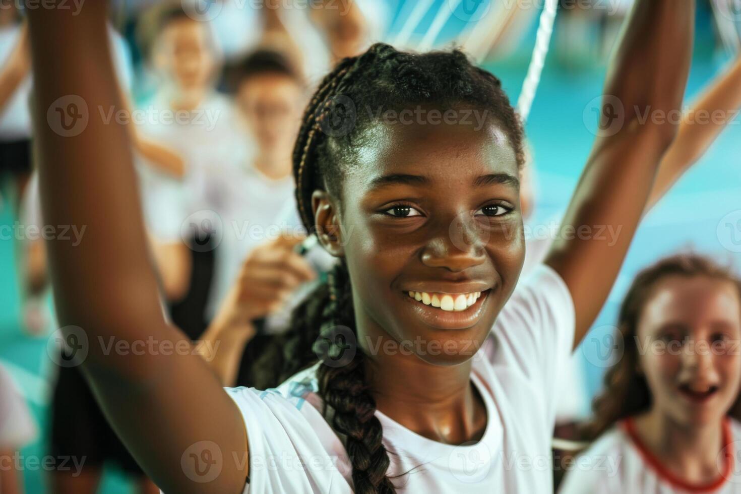 Badminton team celebrate scoring a point, joy and teamwork. Teenagers players sport game. photo