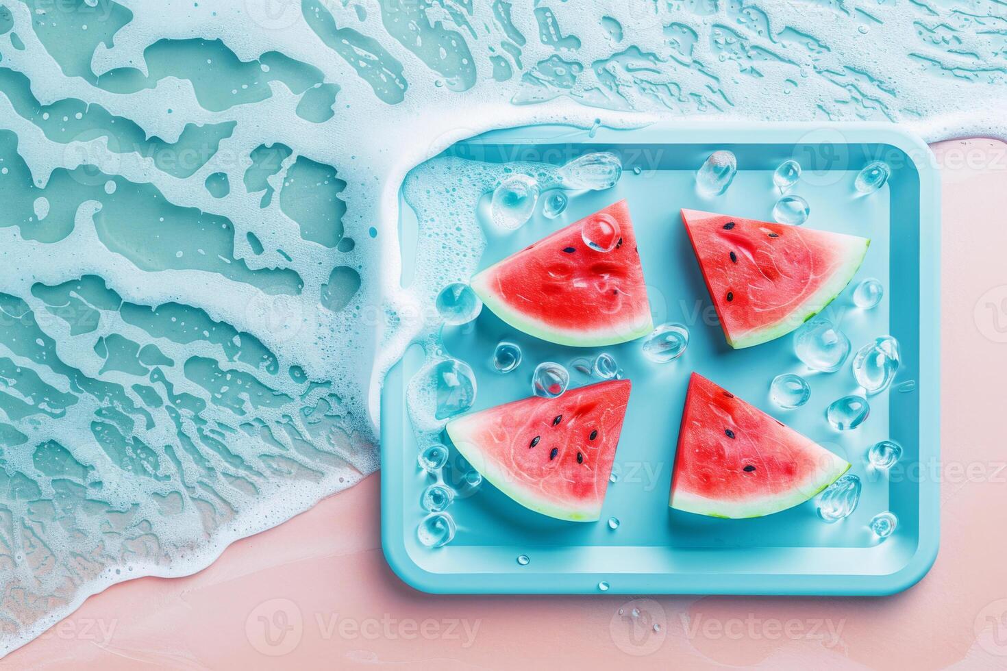 Refreshing tray of watermelon slices with ice on a beach-inspired background, celebrating the vibrancy of National Watermelon Day photo