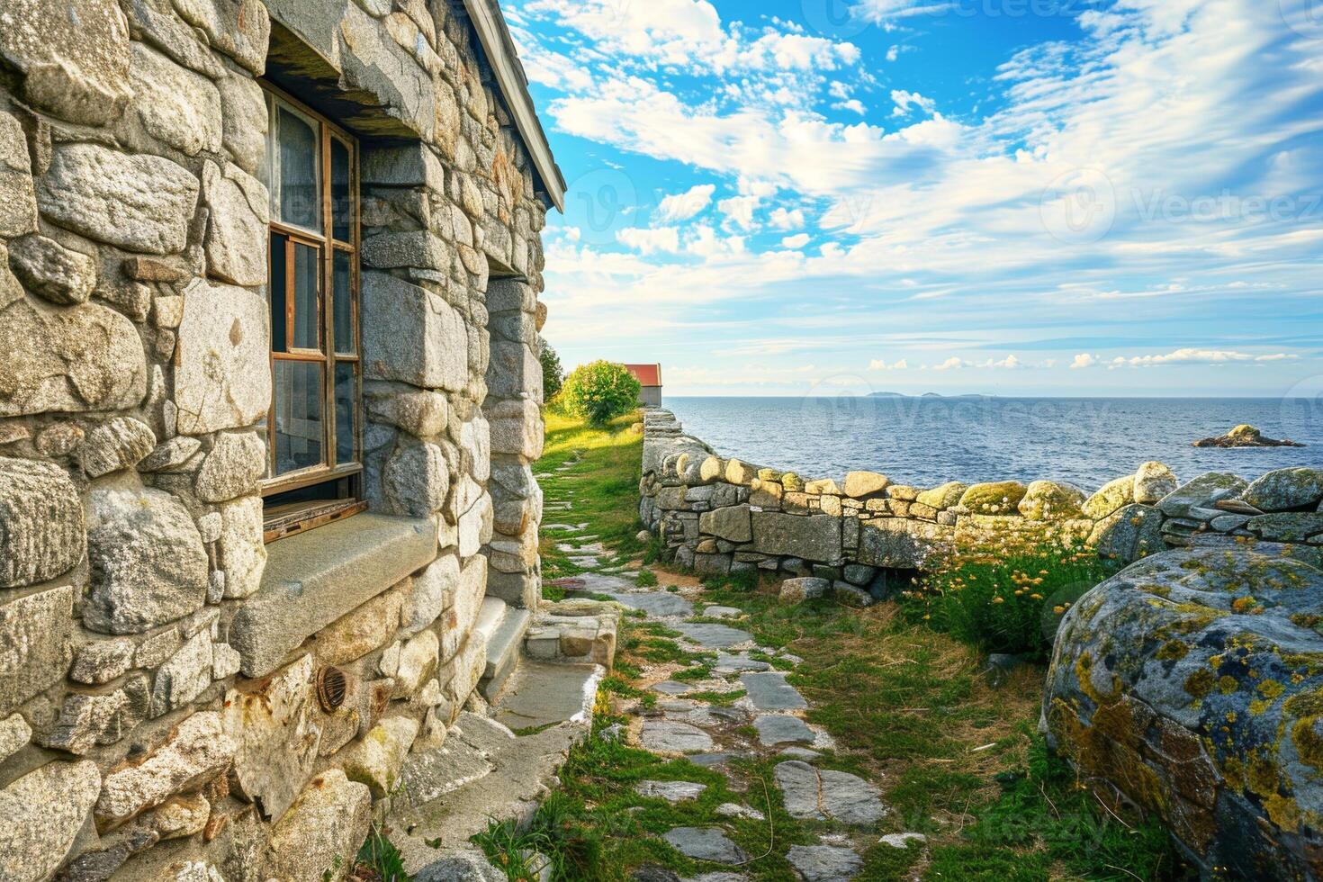 Stone-built house stands gracefully, its facade telling tales of time, with the vast, tranquil sea in the backdrop, creating a serene and timeless landscape. photo