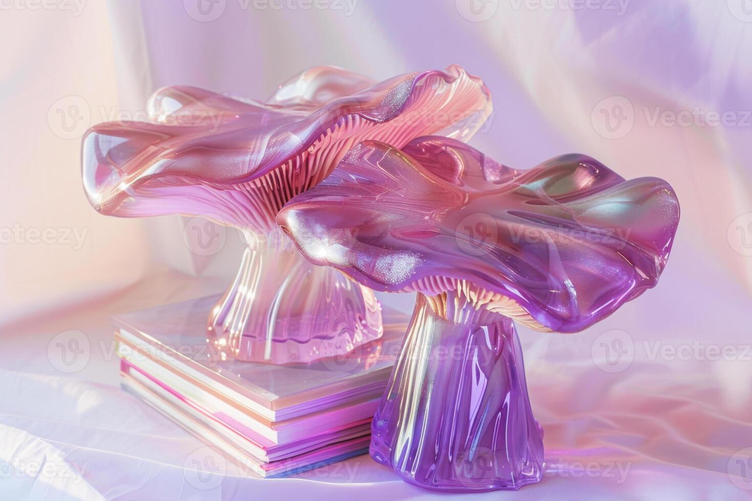 Translucent reeded glass gradient mushrooms and books composition. photo