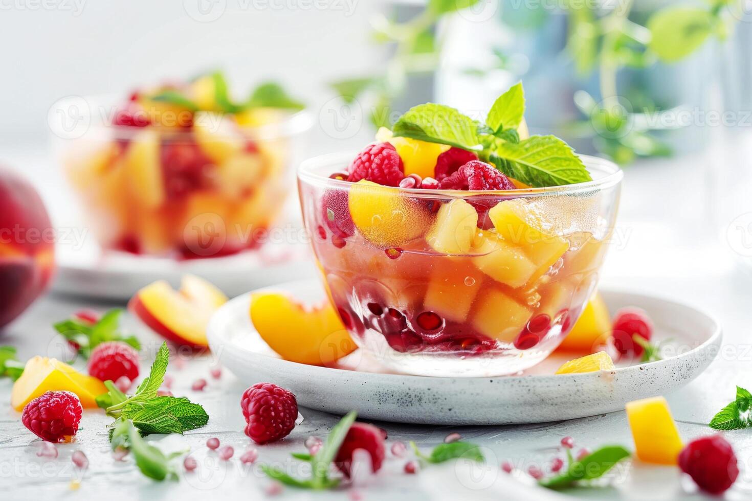 Homemade dessert, spotlighting ripe peaches alongside a selection of fresh berries, meticulously prepared for a delightful finish. photo