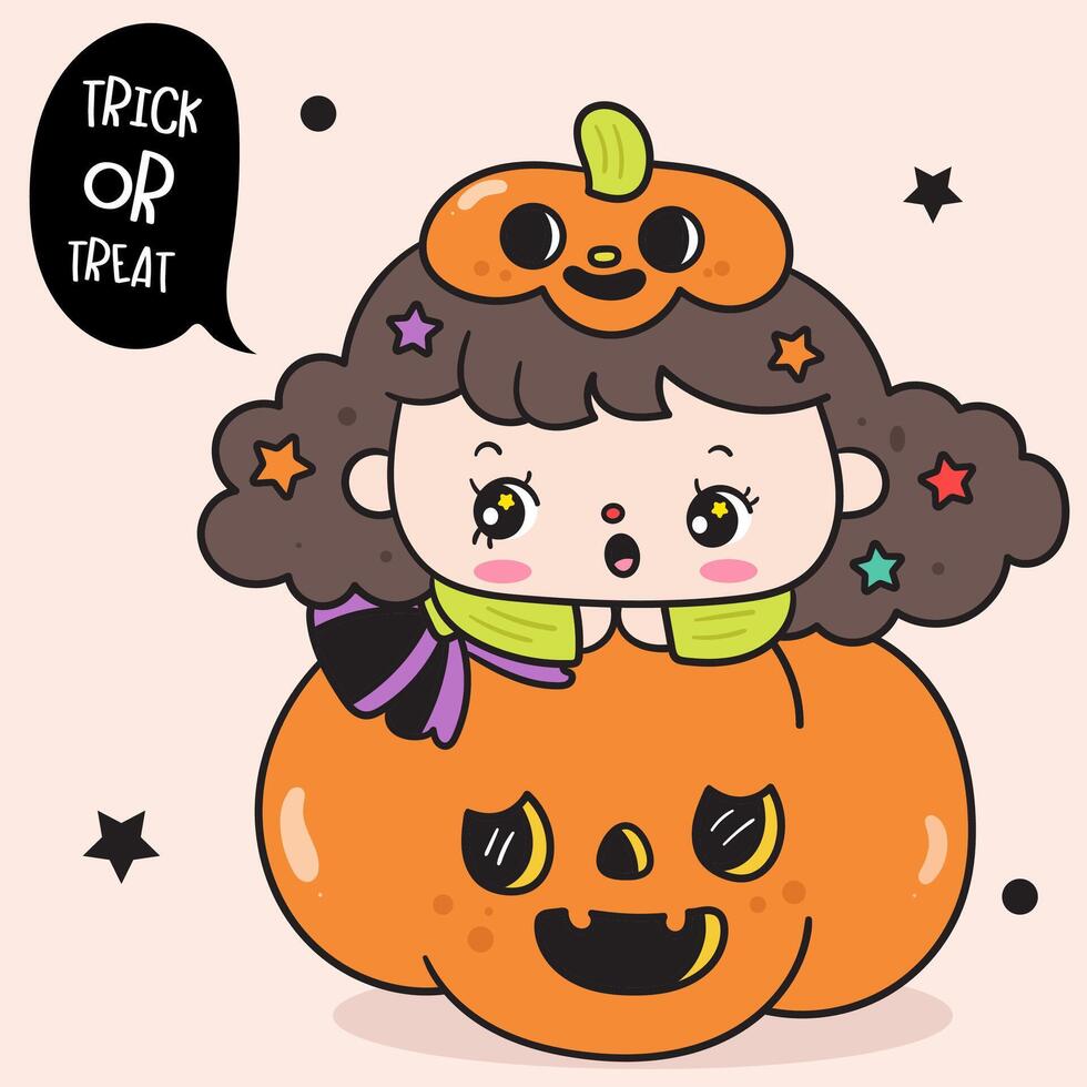 Halloween girl witch on giant pumpkin jack o lantern spooky character vector
