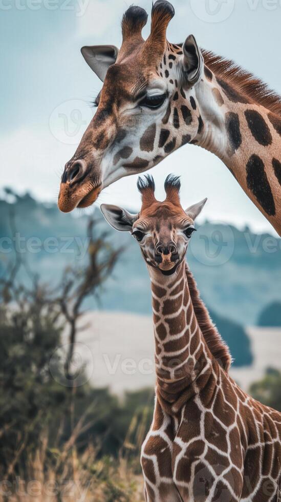 Giraffe mother and calf in African savannah, tender wildlife moment, family bond, serene nature scene photo