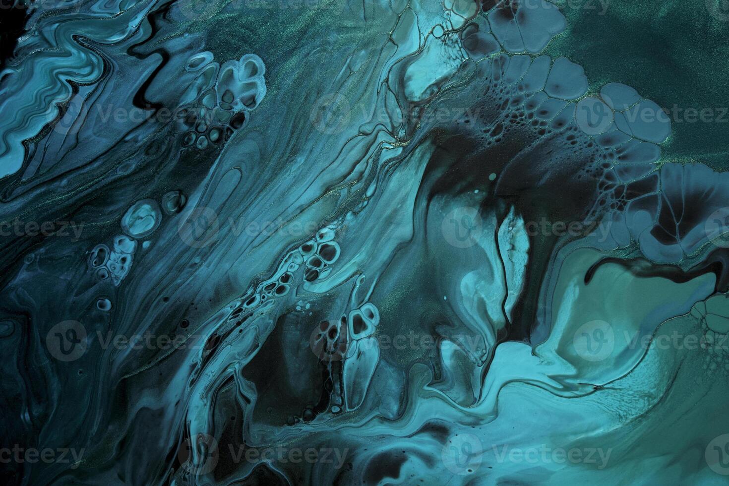 Fluid Art. Metallic Green and blue abstract waves with golden particles on black background. Marble effect background or texture photo