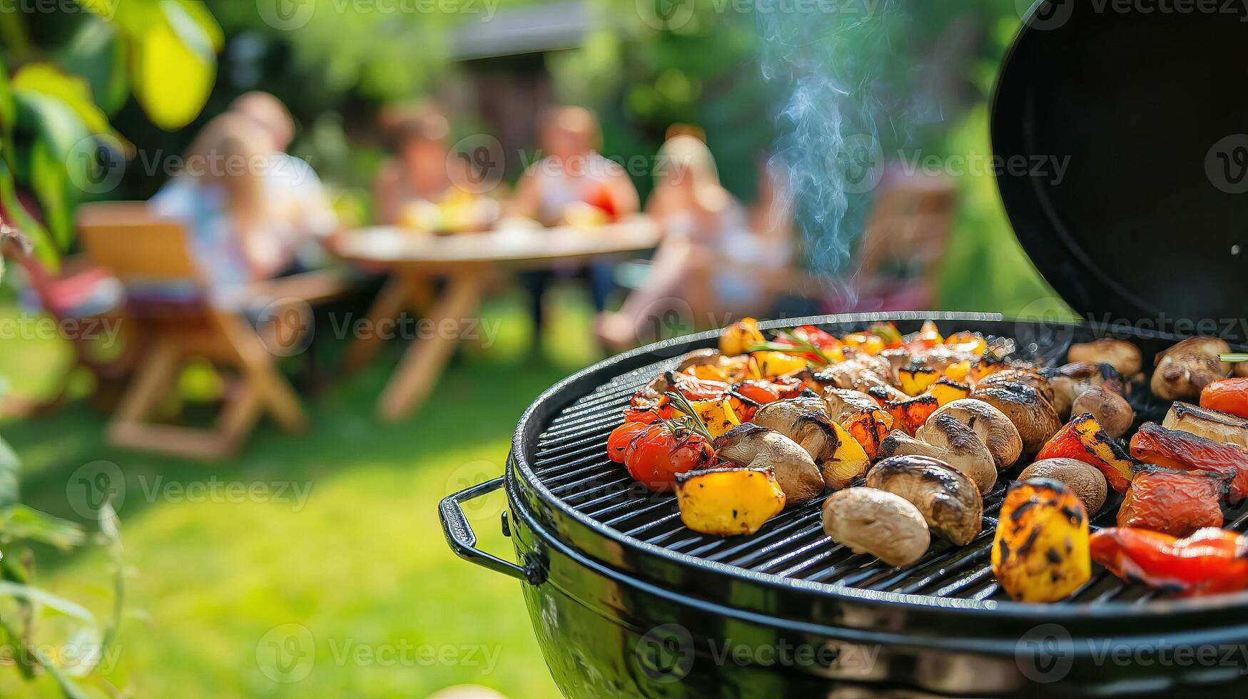 Summer backyard barbecue with grilled vegetables and gathered friends enjoying outdoor leisure photo