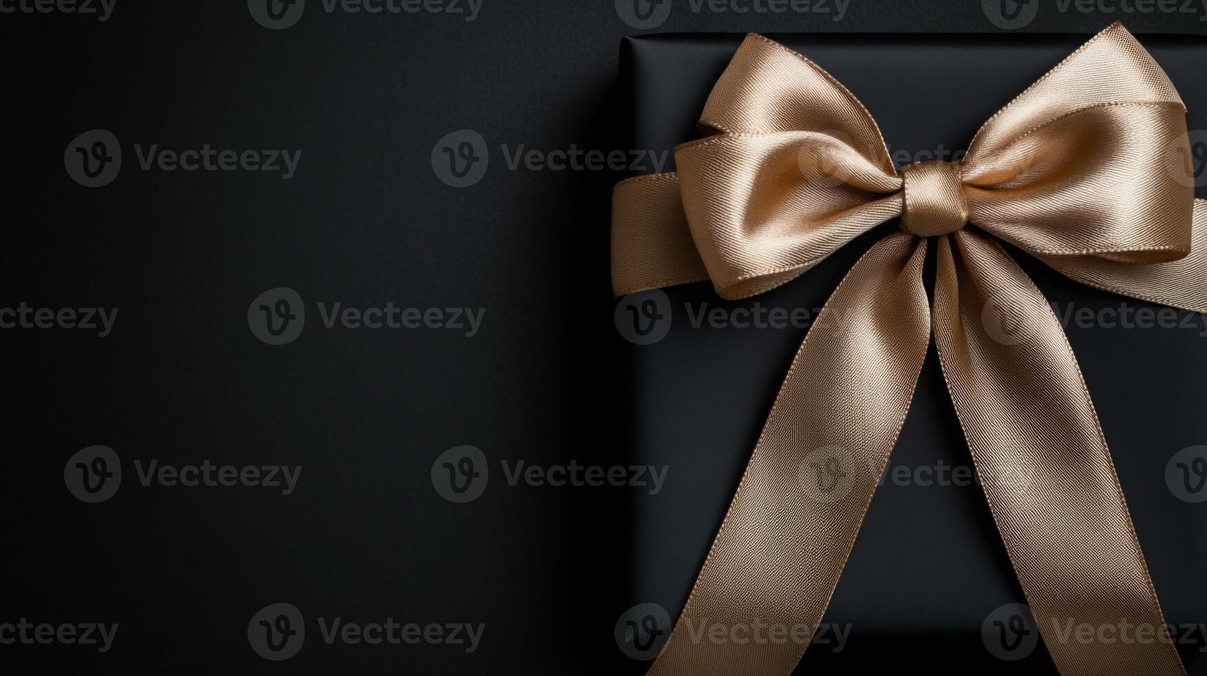 A black background with a ribbon bow elegantly tied and placed in the upper corner, creating a luxurious gift feel with empty space photo