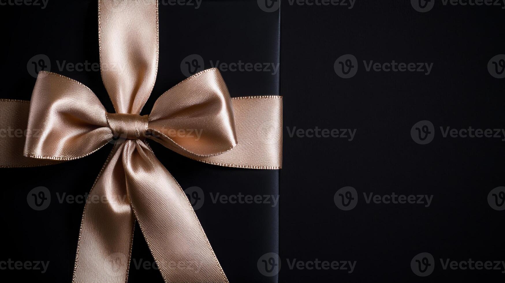 A black background with a ribbon bow elegantly tied and placed in the upper corner, creating a luxurious gift feel with empty space photo