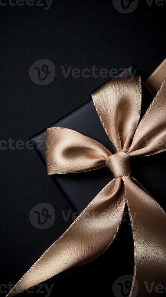 A black background with a ribbon bow elegantly tied and placed in the upper corner, creating a luxurious gift feel with empty space photo