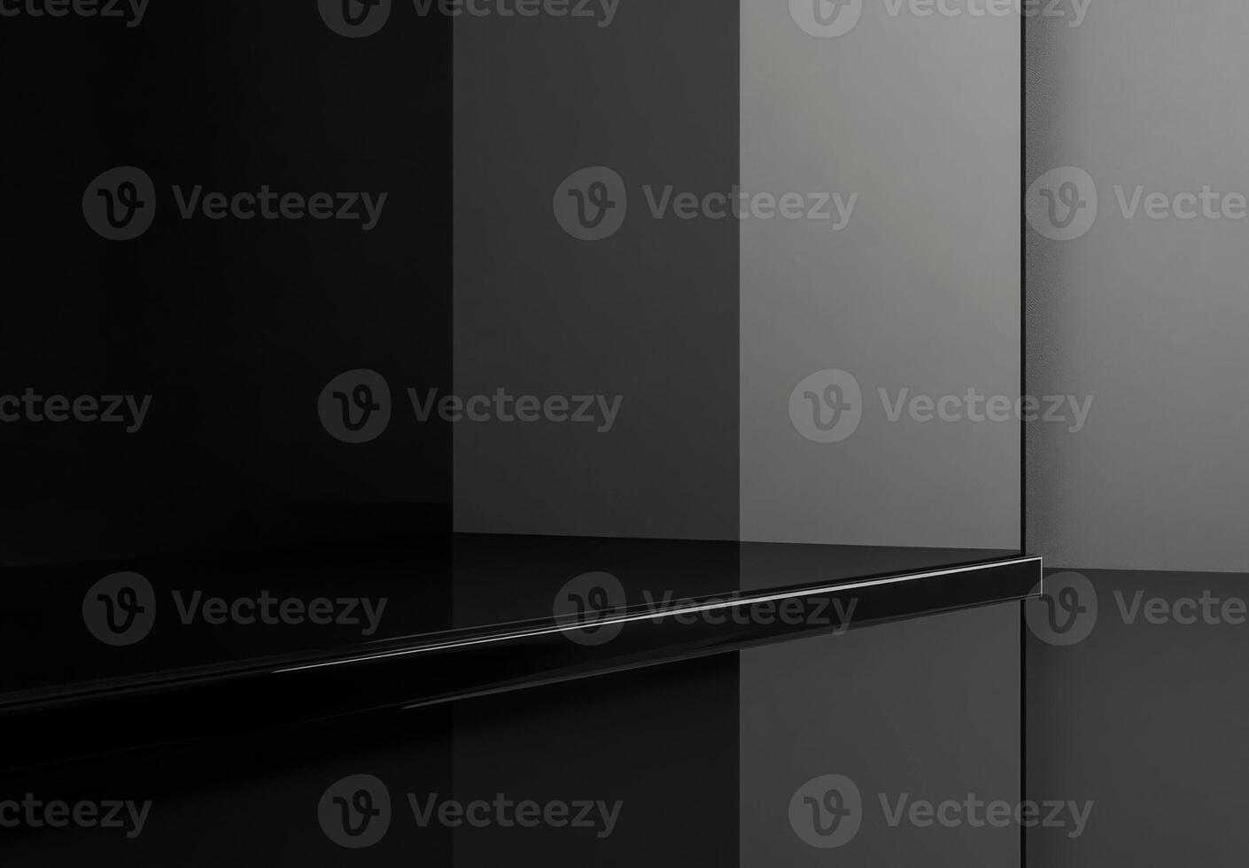 A glossy black background with a hint of a product display shelf in the corner, perfect for adding text to the empty space photo