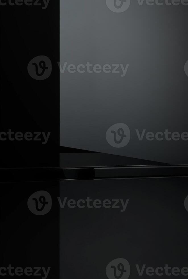 A glossy black background with a hint of a product display shelf in the corner, perfect for adding text to the empty space photo