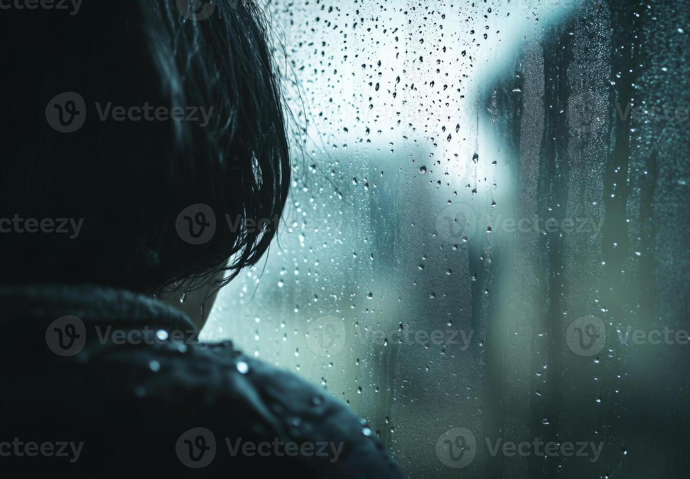 A person staring out of a rain-soaked window, with raindrops running down the glass, lost in contemplation photo