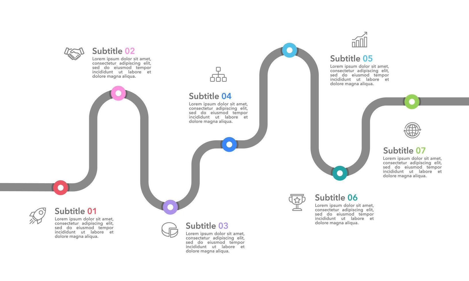Business Timeline 7 Annual Business Milestones. Infographic roadmap design template. Business Presentation, Planning and Project. vector