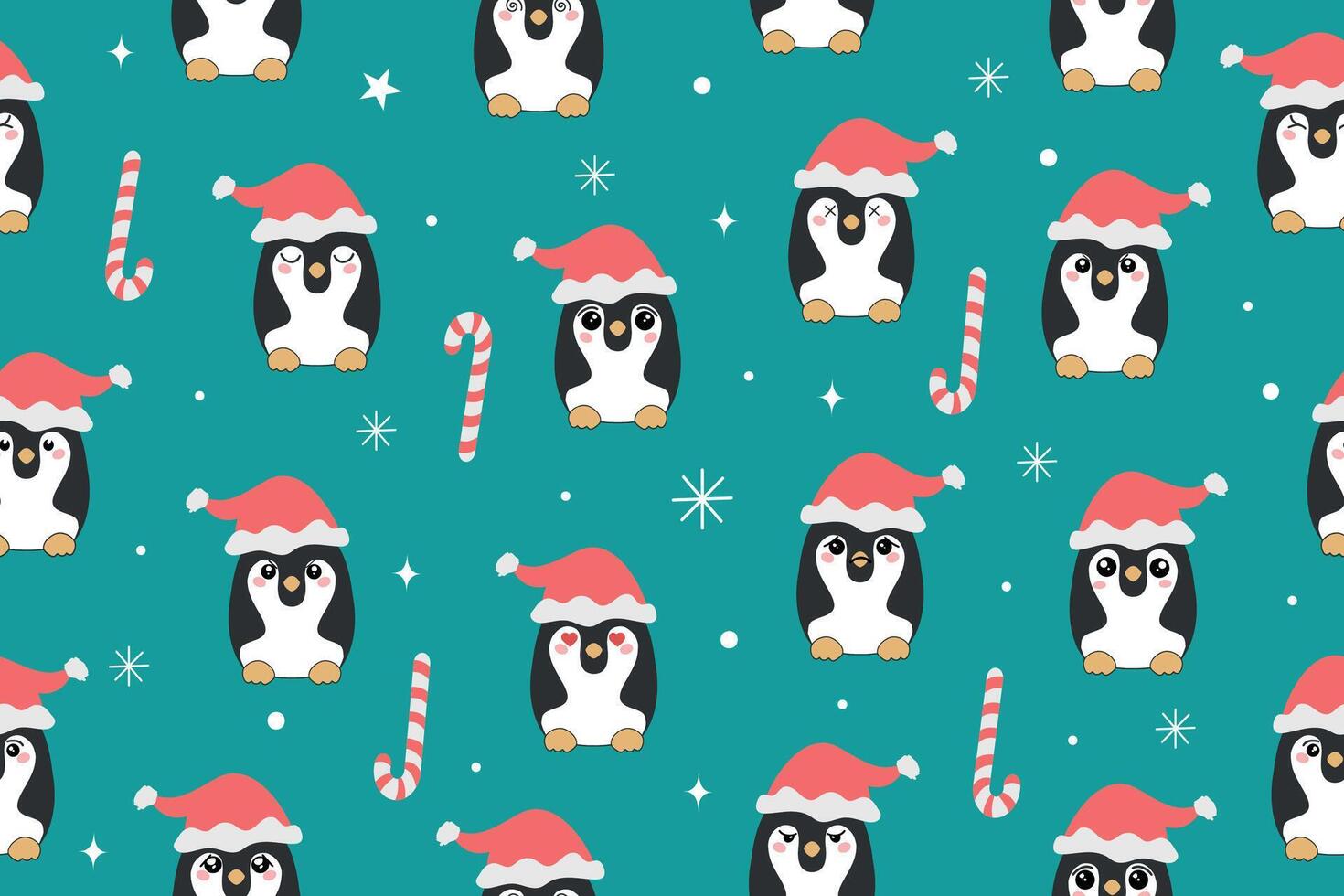 Seamless pattern with two cute penguins in a winter Santa Claus hat on a blue background with white snowflakes. vector