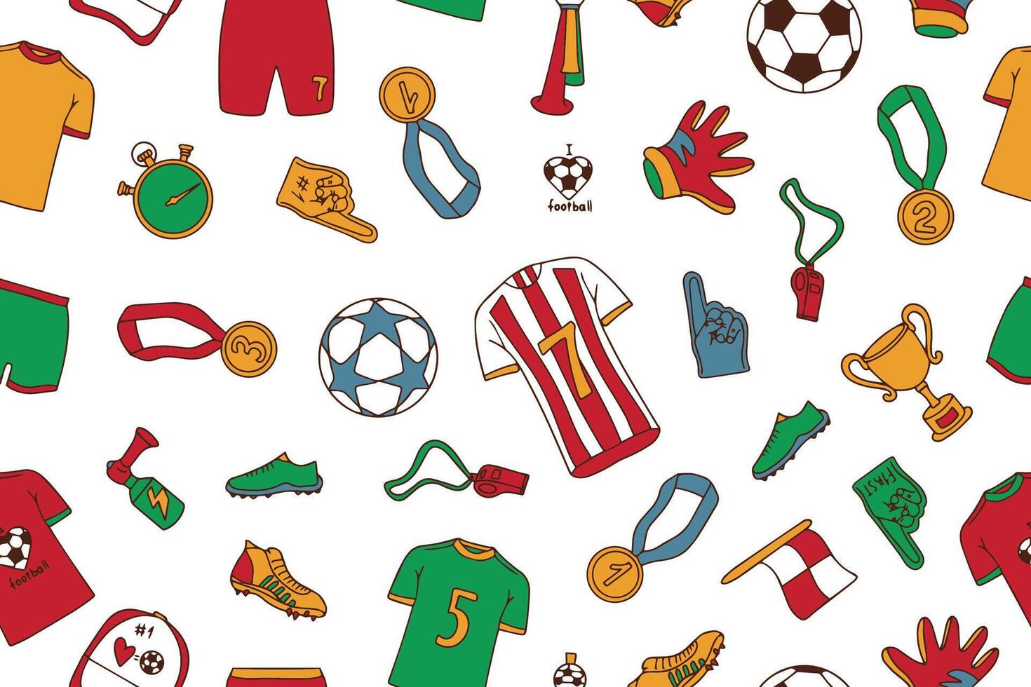 Seamless pattern of accessories and paraphernalia of football players in doodle style. Football decorative illustration. vector