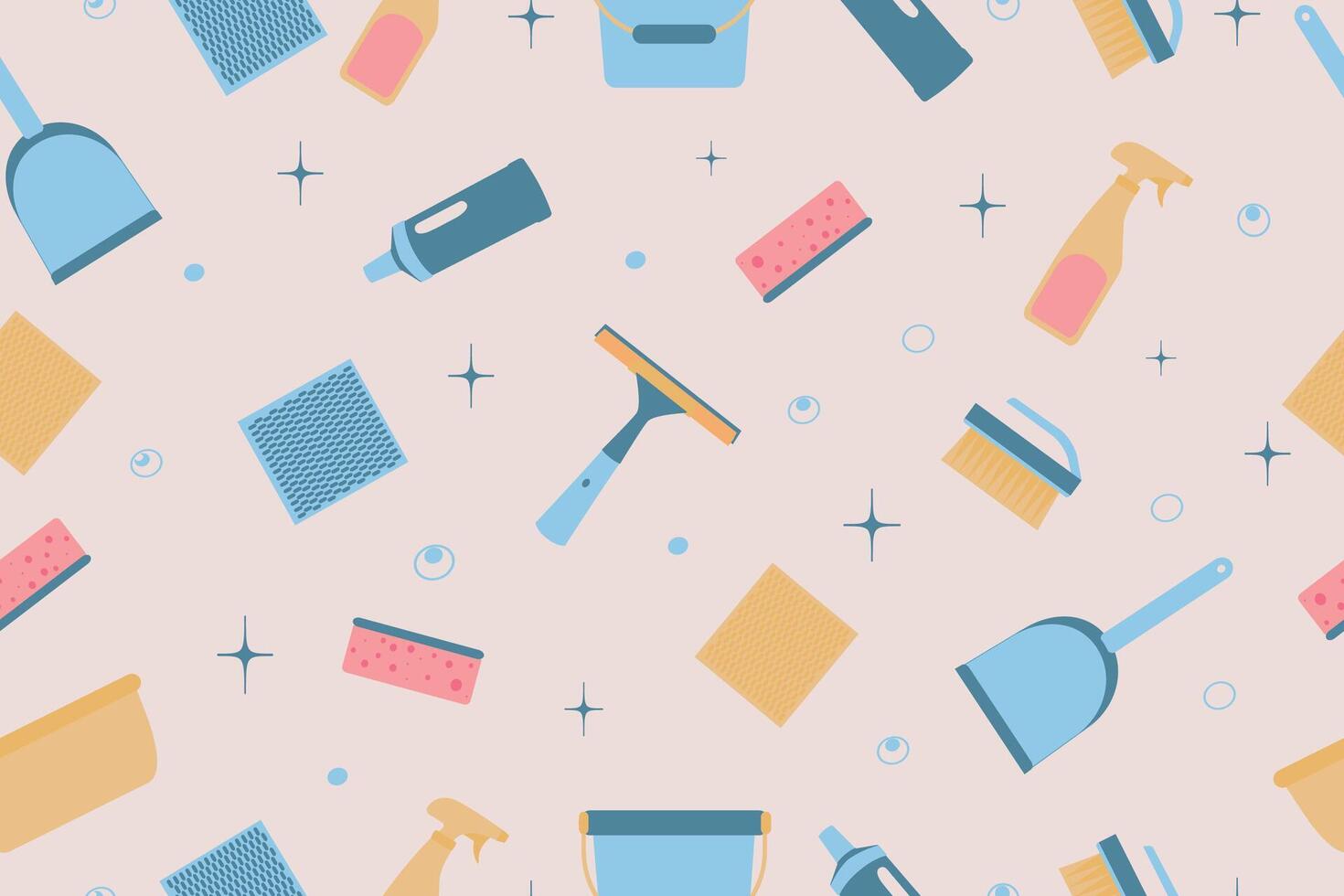 Seamless pattern of cleaning equipment. Cleaning icons in flat style. Equipment, cleaning products and tools for cleaning windows and different surfaces. vector