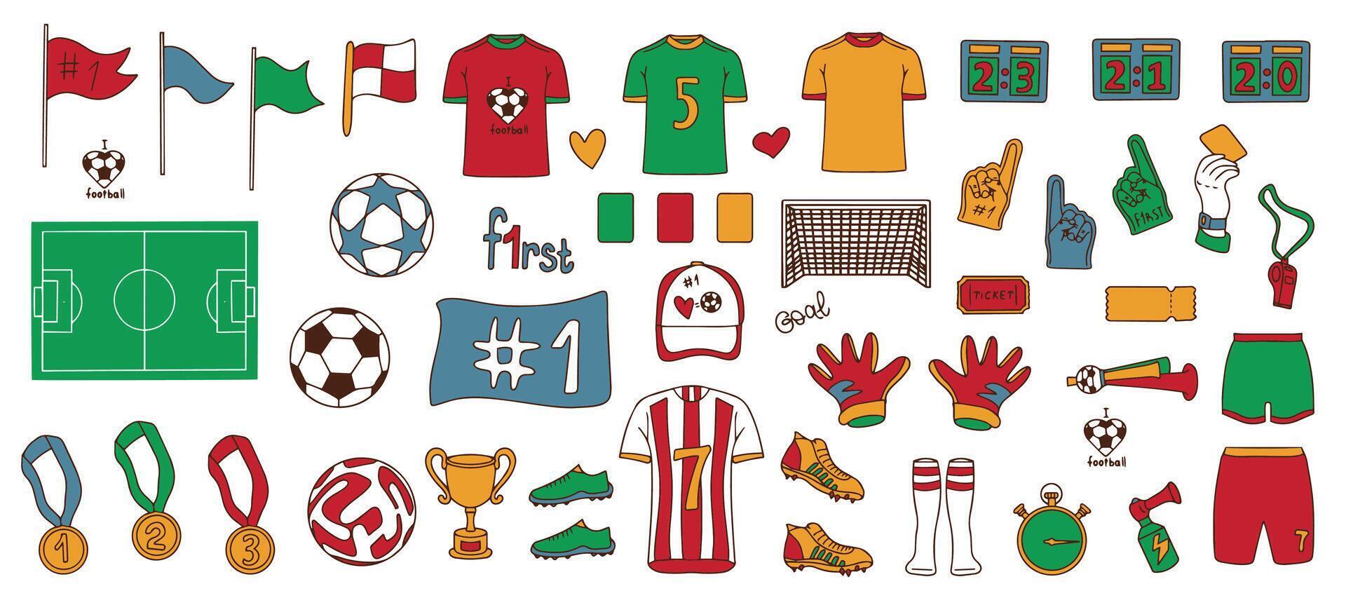 Set of football, sports, soccer icons. Doodle soccer or soccer objects. Hand drawn outline for banner, poster, advertisement. vector