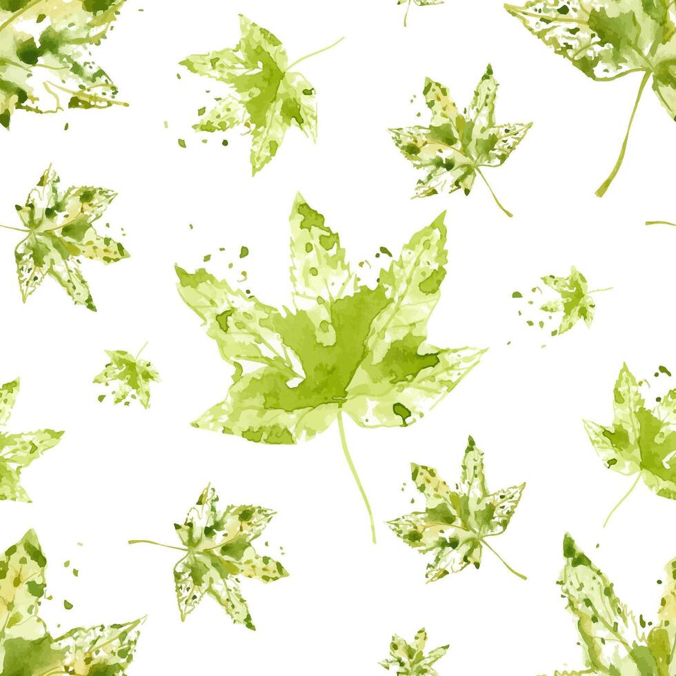 Flying yellow green maple leaves watercolor seamless pattern with aquarelle splashes, stains. Falling autumn leaf imprint illustration for wrapping, scrapbook, wall design vector