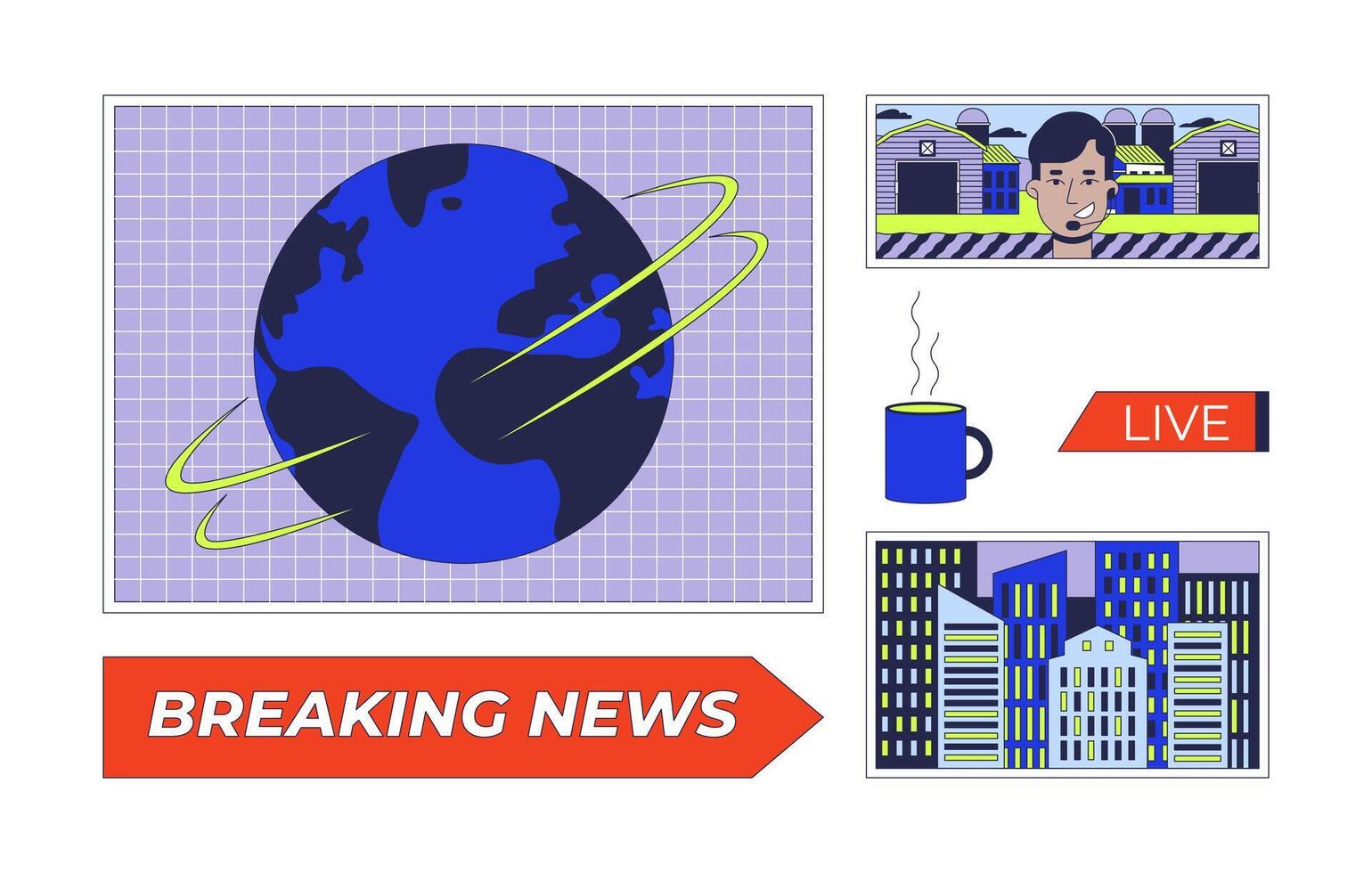 Newsroom setup displays 2D cartoon objects set. Headlines breaking news screens isolated elements flat cliparts on white background. Live broadcasting reporter. Spot illustrations collection vector