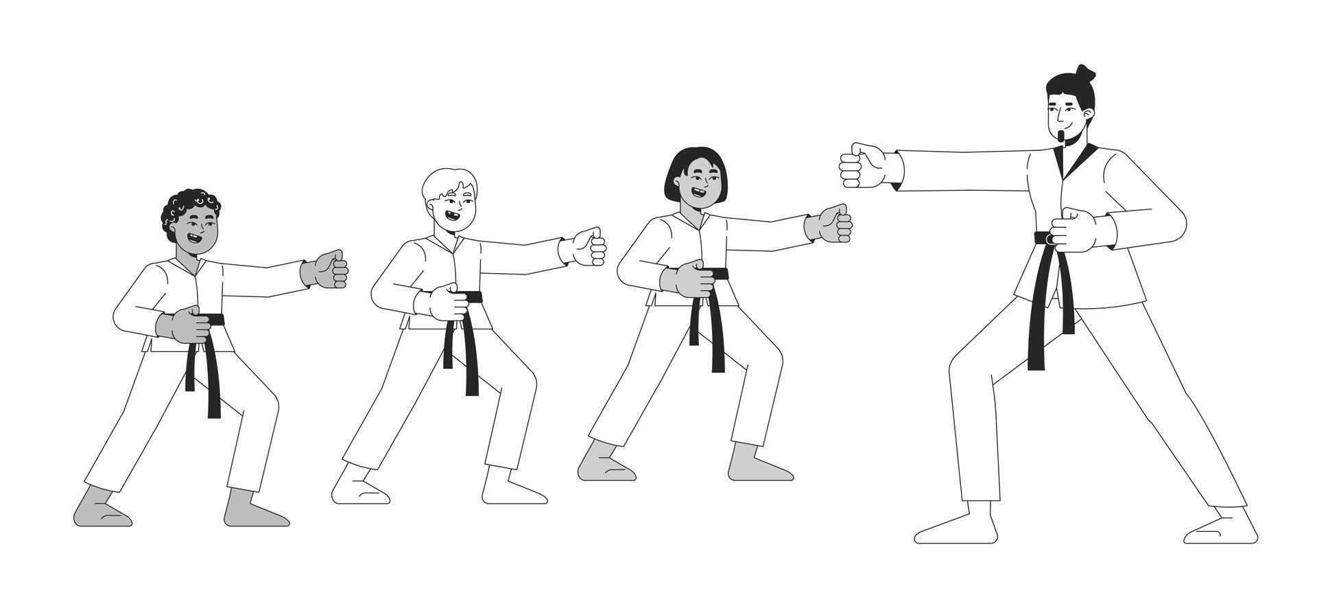 Martial arts sensei training pupils black and white 2D line characters. Punching stance. Karate teacher teaching children diversity isolated outline people. Monochromatic spot illustration vector