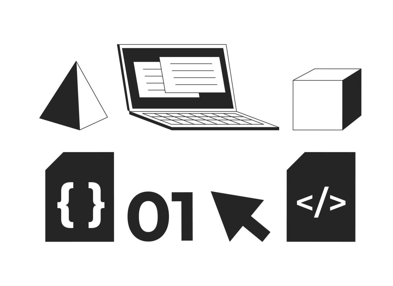 Web development tools black and white 2D line objects set. Software making. Apps creation with modern technology isolated clip arts outline items collection. Monochrome spot illustrations vector