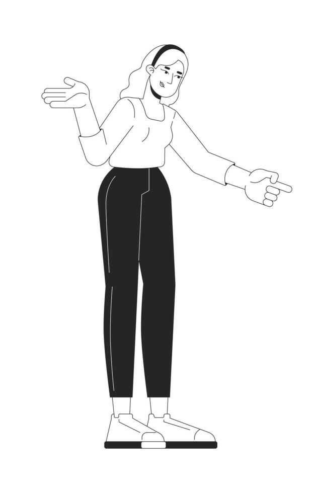 Blonde woman pointing finger black and white 2D line character. Casual clothes caucasian girl. Standing female gesturing showing isolated outline person. Monochromatic spot illustration vector