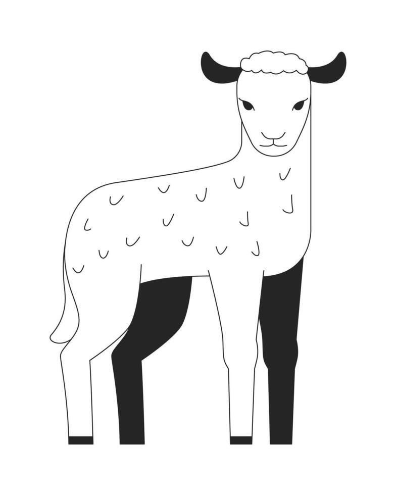Adorable little lamb black and white 2D line character. Livestock farm creature. Sheep pup with curly fur and innocent face isolated outline personage. Monochromatic spot illustration vector