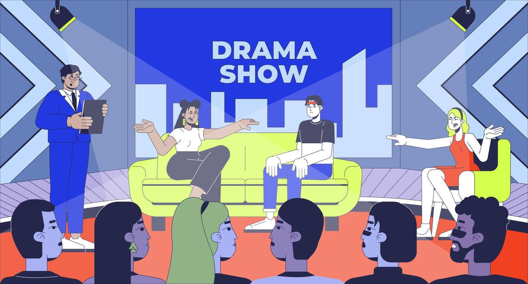 Social issue TV show flat illustration. Human drama reality television. Women participants yelling blaming 2D characters cartoon background. Broadcasting program scene storytelling image vector