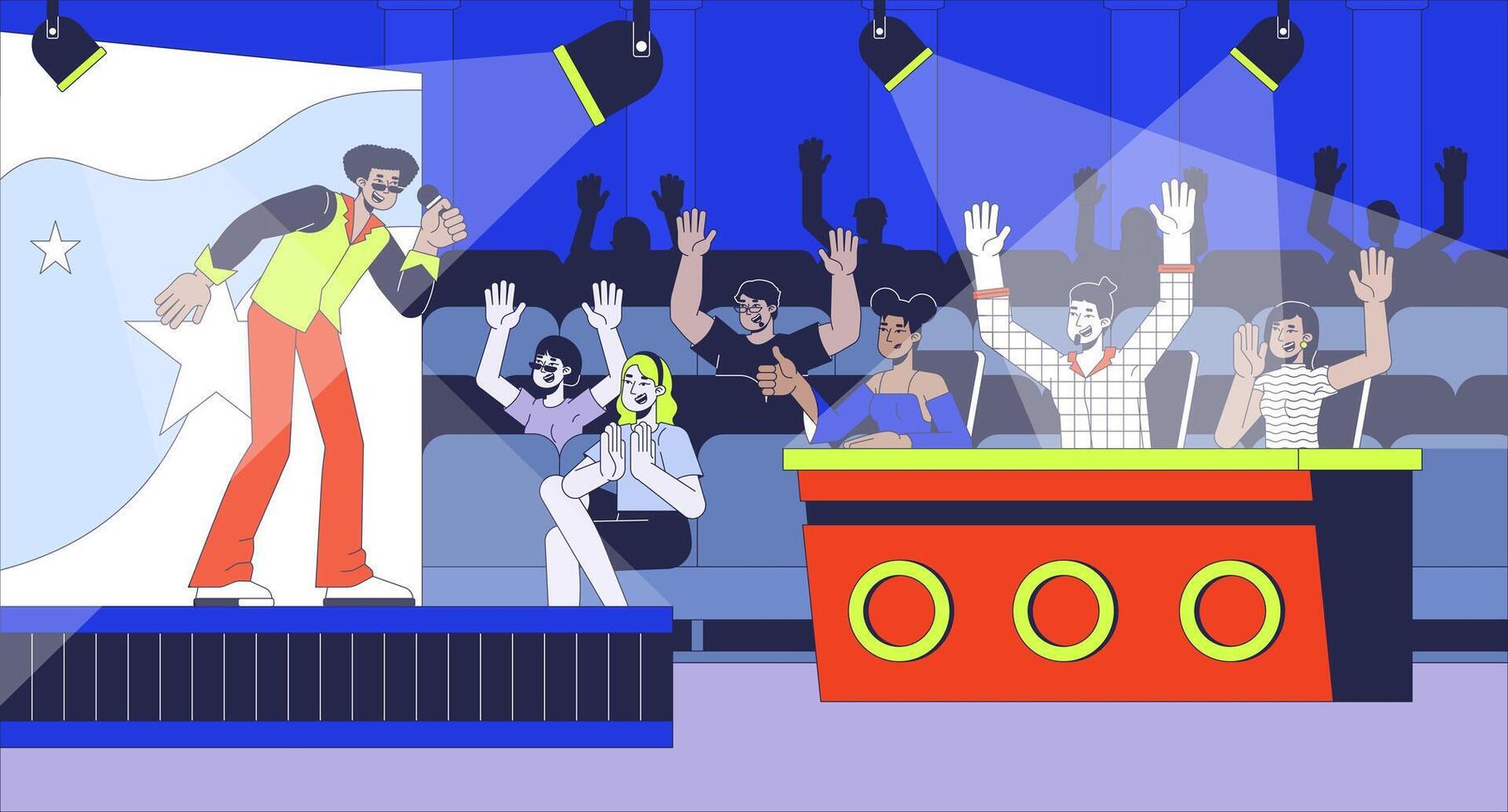 TV talent show flat illustration. Latino participant singing on spotlights stage for judges 2D characters cartoon background. Singer audition on television broadcasting scene storytelling image vector