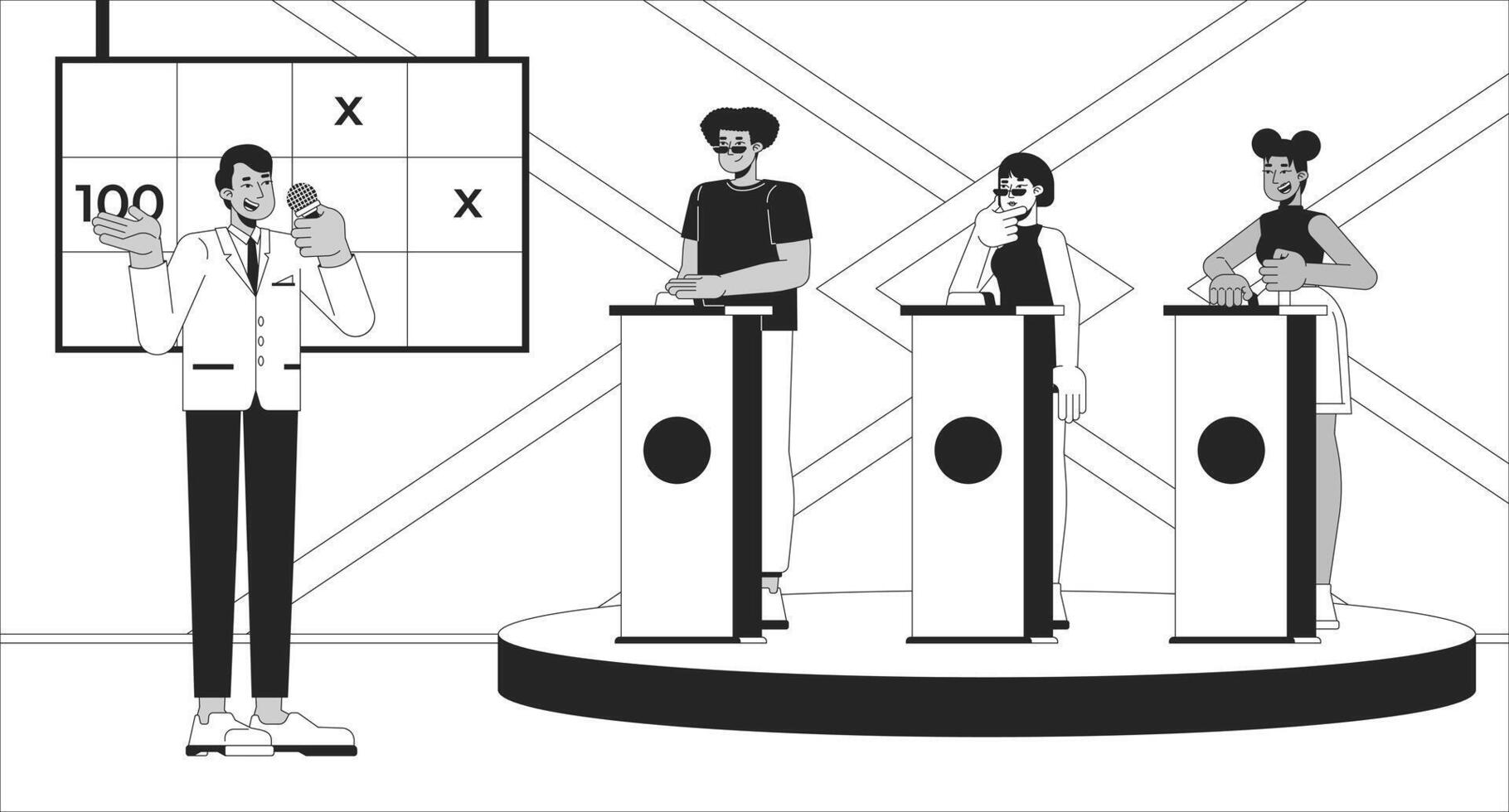 Game show on TV black and white line illustration. Host microphone, participants behind push buzzers 2D characters monochrome background. Entertainment gameshow broadcasting outline image vector