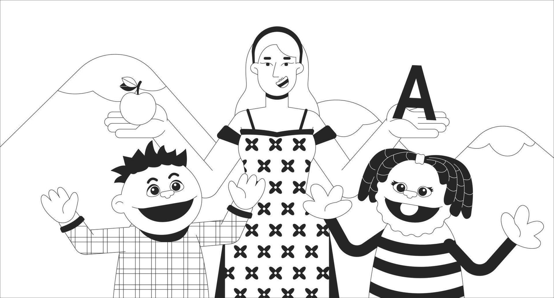 Kids show on TV black and white line illustration. Woman and puppets children 2D character monochrome background. Puppetry entertainment on television. Funny educational program outline image vector