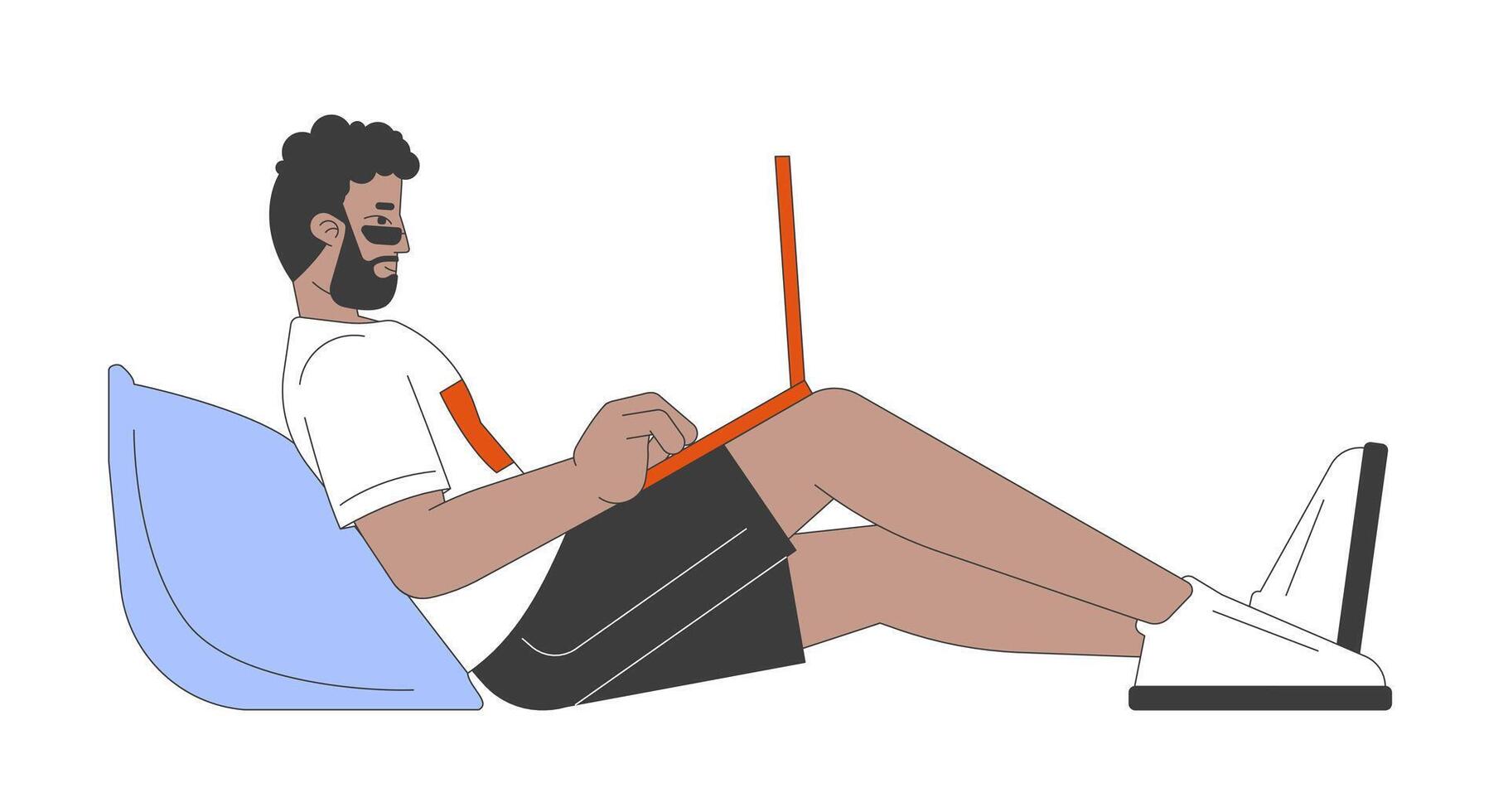 African american man working on laptop 2D cartoon character. Freelance benefits. Black male with pillow doing remote job isolated person flat on white background. Spot illustration colorful vector